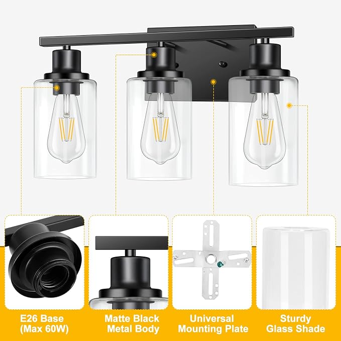 3-Light Vanity Light, Matte Black Bathroom Lighting Fixtures Over Mirror, Modern Metal Wall Lights for Hallway Kitchen Bedroom Living Room | Wall Sconce Light Fixture with Clear Glass Shade Matte Black Modern Metal Wall Lights for Hallway Kitchen Bedro...