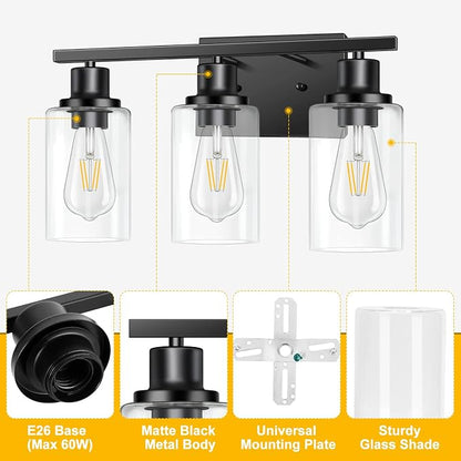 3-Light Vanity Light, Matte Black Bathroom Lighting Fixtures Over Mirror, Modern Metal Wall Lights for Hallway Kitchen Bedroom Living Room | Wall Sconce Light Fixture with Clear Glass Shade Matte Black Modern Metal Wall Lights for Hallway Kitchen Bedro...