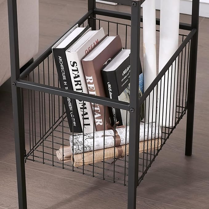 VECELO Tall Night Stand with Metal Basket,End Table with Shelf Storage Organizer, Wood Nightstand for Bedroom, Living Room,Bathroom