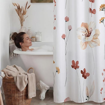 No Hook Floral Shower Curtain with Liner, Coral, 71x74 | Snap in Liner, 3 in 1, Water Repellent, Easy Install, Machine Washable, Hotel Style for Bathroom, Watercolor Pattern