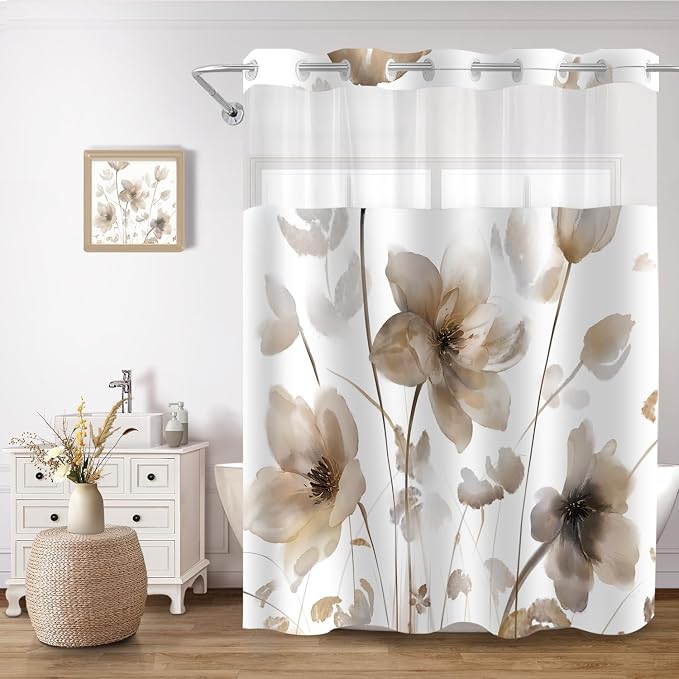 No Hook Shower Curtain and Liner Set, Brown Boho Floral 71x74 | Watercolor Boho Flower, with Snap in Liner, Waterproof, Machine Washable, Quick-Drying, for Hotel Bathroom