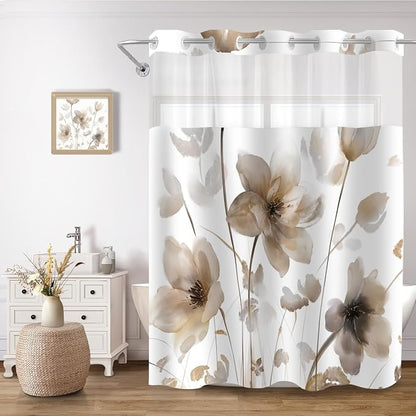No Hook Shower Curtain and Liner Set, Brown Boho Floral 71x74 | Watercolor Boho Flower, with Snap in Liner, Waterproof, Machine Washable, Quick-Drying, for Hotel Bathroom