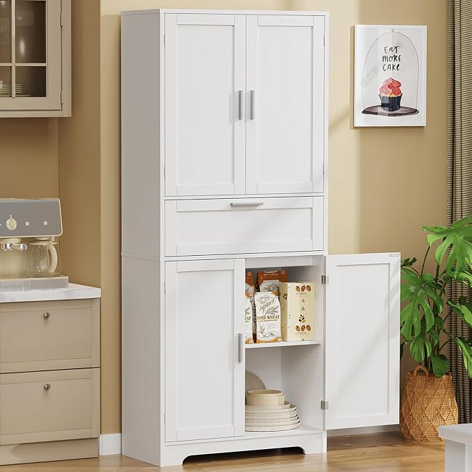 Iwell 67" Tall Storage Cabinet with Adjustable Shelf & 1 Large Drawer, Pantry Cabinet with 4 Doors, Kitchen Cabinets for Dining Room, Living Room, Home Office, White | Adjustable Shelf