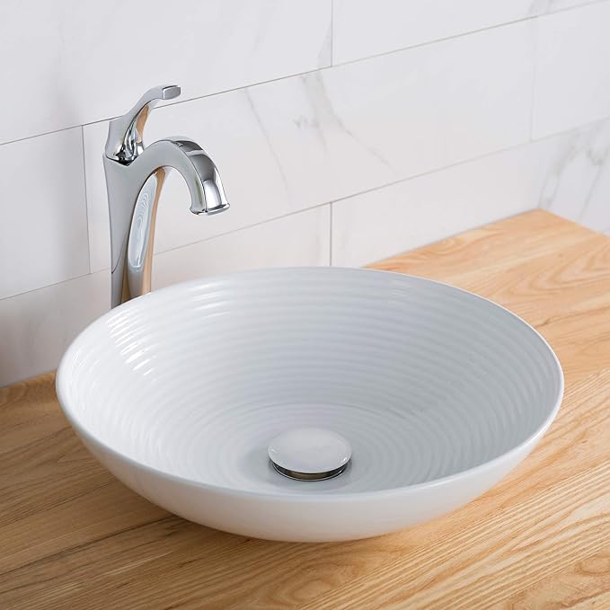 KRAUS Viva™ Round White Porcelain Ceramic Vessel Bathroom Sink, 16 1/2 in. D x 4 3/8 in. H, KCV-203GWH