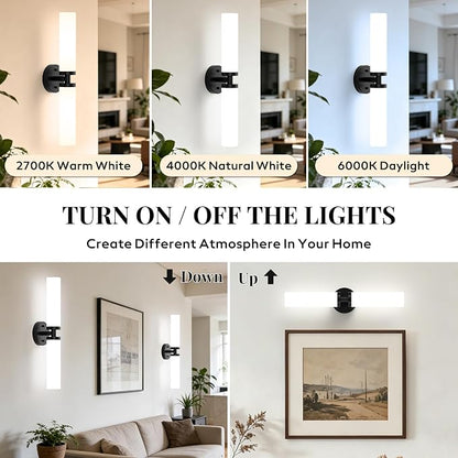 Wall Sconces Set of 2 Hardwired Bathroom Light Fixtures E26 Base | Matte Black, 22Inch, Modern Vanity Wall Lighting with Milky White Glass Shade, for Mirror Hallway Bedroom Living Room TV Wall