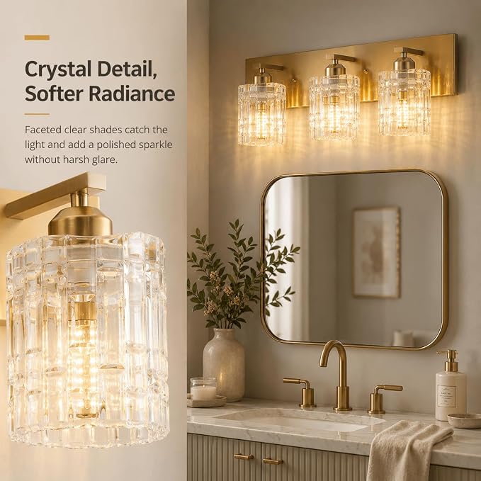 3 Lights Brushed Gold Crystal Bathroom Vanity Light,Modern Bathroom Wall Light,Crystal Over Mirror Light Fixtures for Living Room, Bedroom, Hallway