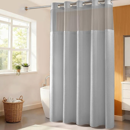 River Dream Cotton Blend Fabric Shower Curtain Set with Liner, Gray, 71x86 | Waffle Weave, No Hook Needed, with Snap in Replacement Liner, Top Sheer Window, Hotel Quality for Bathroom, Extra Long