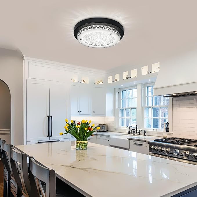 Black Flush Mount Ceiling Light Fixture 13" Hallway Light Fixtures Ceiling Crystal LED Bathroom Dimmable Bedroom Lights for Ceiling
