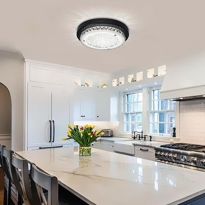 Black Flush Mount Ceiling Light Fixture 13" Hallway Light Fixtures Ceiling Crystal LED Bathroom Dimmable Bedroom Lights for Ceiling