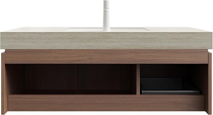 KEIKI 48 Inch Floating Bathroom Vanity with Sink, Modern Wall Mounted Storage Cabinet with Drawer, Pre-assembled Waterproof Wood Panels, Sintered Stone Top & Ceramic Basin Combo Set, Brown Oak & Beige