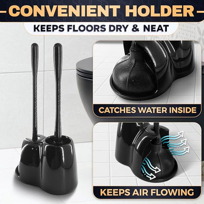 2-in-1 Black Toilet Brush and Plunger Set with Holder – Compact Bathroom Cleaning Combo, Strong Rubber Plunger & Stiff Bristle Brush, Space-Saving Stand, Fits Most Standard Toilets, 6.4×5.5×17.1 inch