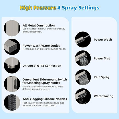 Hibbent All Metal cUPC Certified Shower Head, 10'' High Pressure Rainfall Showerhead Combo, Handheld Shower Wand, 12'' Adjustable Extension Arm, 4-Spray, 71'' Hose, Shower Holder, Brushed Nickel