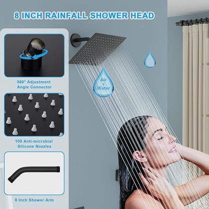 Black Shower Head Faucet - Lordear 8 Inch Wall Mounted Rain Shower System Set, Matte Black Stainless Steel Square Rainfall Shower Head with Handheld, Brass Valve Included