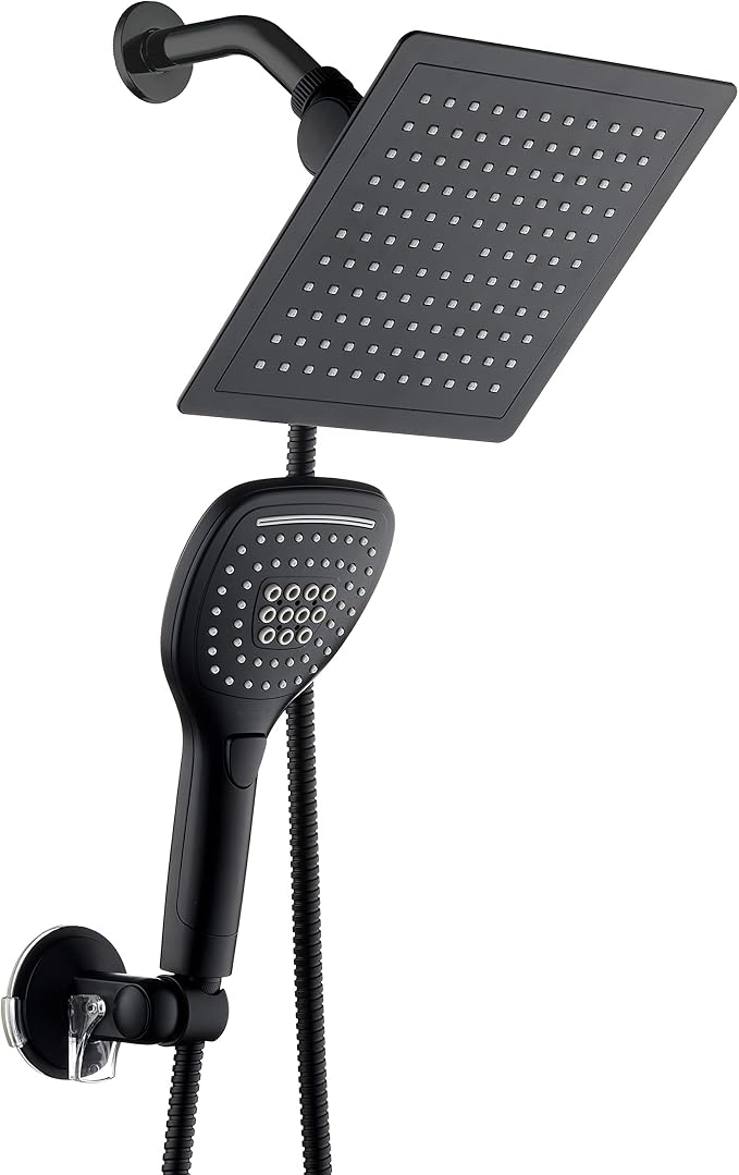 DreamSpa Ultra-Luxury 9-inch Square Rainfall & Handheld Shower Head Combo | Enjoy Extra-wide Flow Coverage and Convenient Push-button Hand Shower Mode Control. Premium Stainless Steel Hose / Black
