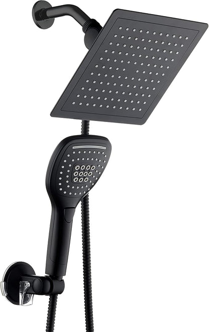 DreamSpa Ultra-Luxury 9-inch Square Rainfall & Handheld Shower Head Combo | Enjoy Extra-wide Flow Coverage and Convenient Push-button Hand Shower Mode Control. Premium Stainless Steel Hose / Black