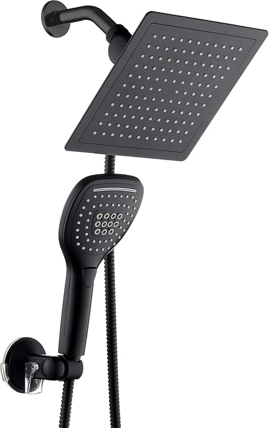 DreamSpa Ultra-Luxury 9-inch Square Rainfall & Handheld Shower Head Combo | Enjoy Extra-wide Flow Coverage and Convenient Push-button Hand Shower Mode Control. Premium Stainless Steel Hose / Black