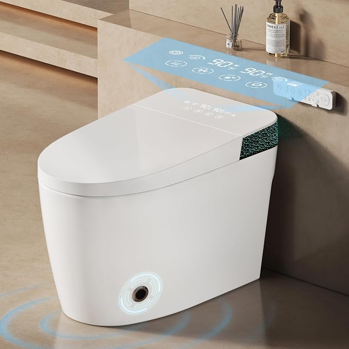 Smart Toilet with Bidet Built In, Auto Flush, ADA Comfort Height | Built-in tank supports 1000g MaP and outage flushing; Foam Shield, auto lid, heated seat, instant warm wash/dry add comfort.