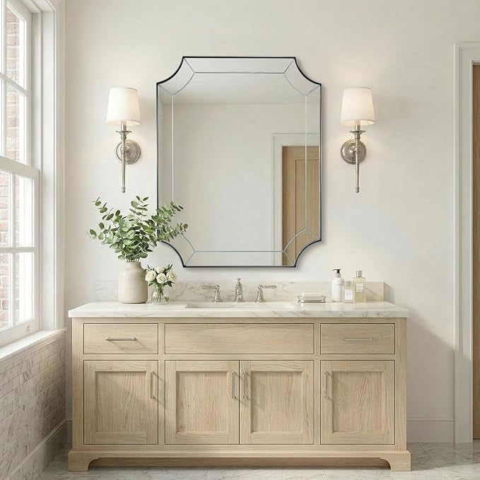 Brushed Nickel Mirror, 28x36 Scalloped Bathroom Mirror, Silver Vanity Mirror in Stainless Steel, Notched Mirrors with Delicate Tessellated Glass, Wall-Mounted Horizontal/Vertical