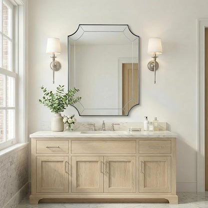Brushed Nickel Mirror, 28x36 Scalloped Bathroom Mirror, Silver Vanity Mirror in Stainless Steel, Notched Mirrors with Delicate Tessellated Glass, Wall-Mounted Horizontal/Vertical