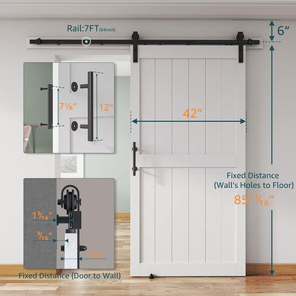 42''x84'' Sliding Barn Door with 7 Ft Barn Door Hardware Kit | Pre-Drilled Holes Easy Assembly - Include Installation Manual, Water-Proof PVC Surface, H-Frame, White