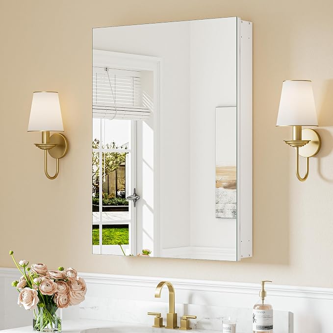 Keonjinn 24x32 Inch White Bathroom Medicine Cabinet Mirror, Tempered Glass | Assembly Needed, Freely Adjustable Shelves, Recessed or Wall-Mounted, Soft Close with DTC Hinges, Lightweight Aluminum Frame
