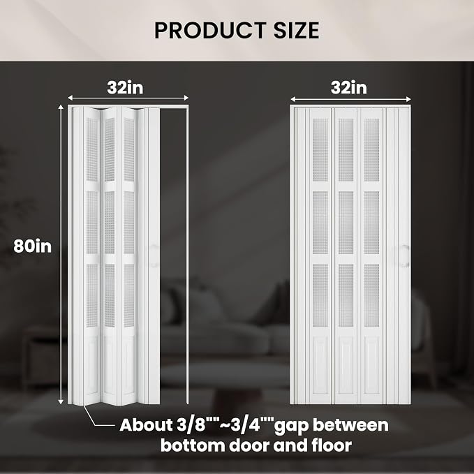 SMARTSTANDARD 32"x 80" Accordion Door with Grid Frosted Acrylic Glass,White | Double Walled PVC Folding Accordion Closet Door for Bedroom Bathroom, Save Space, Full-Side Magnetic Strip, Easy to Install