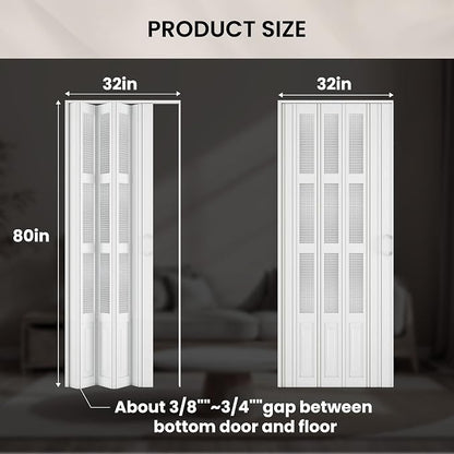 SMARTSTANDARD 32"x 80" Accordion Door with Grid Frosted Acrylic Glass,White | Double Walled PVC Folding Accordion Closet Door for Bedroom Bathroom, Save Space, Full-Side Magnetic Strip, Easy to Install