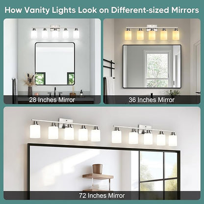 Ascher Bathroom Light Fixtures, 5-Light Vanity Light Over Mirror, Brushed Nickel Wall Sconces with Milky White Frosted Glass Shades, Wall Lamp for Living Room Bedroom, E26 Base(Bulbs Not Included)