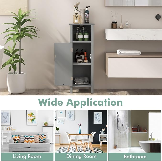 Giantex Narrow Bathroom Storage Cabinet with Open Compartment (Grey) | Freestanding Small Storage Organizer with Adjustable Shelf, Anti-toppling Device, Corner Unit for Living Room
