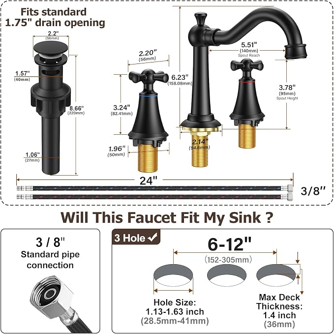 8 Inch Widespread Bathroom Sink Faucet Matte Black, 3 Hole 2 Cross Handles Classic Vintage Antique Faucet with Metal Pop Up Drain and Supply Hoses for Vanity, RV, Farmhouse