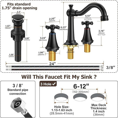 8 Inch Widespread Bathroom Sink Faucet Matte Black, 3 Hole 2 Cross Handles Classic Vintage Antique Faucet with Metal Pop Up Drain and Supply Hoses for Vanity, RV, Farmhouse