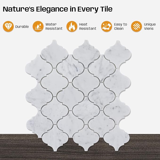 3 Inch Arabesque Carrara White Marble Mosaic Tile for Wall Floor, 5 Sheets | Water & Heat Resistant Polished Marble Backsplash Tiles for Kitchen Bathroom Fireplace Surround Durable Unique Veins 3.9SQFT