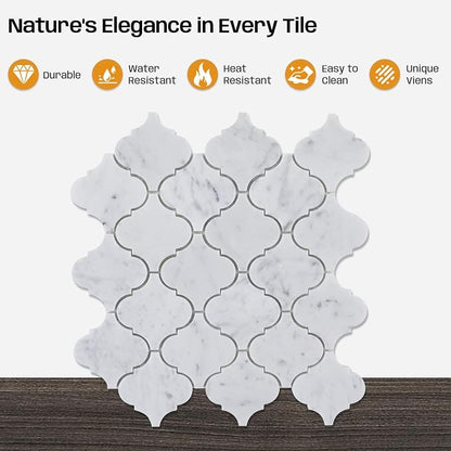 3 Inch Arabesque Carrara White Marble Mosaic Tile for Wall Floor, 5 Sheets | Water & Heat Resistant Polished Marble Backsplash Tiles for Kitchen Bathroom Fireplace Surround Durable Unique Veins 3.9SQFT