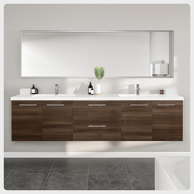 Eviva Lumina 84 in. Gray Oak Wall Mount Double Sink Bath Vanity with Acrylic Top and Integrated Sinks