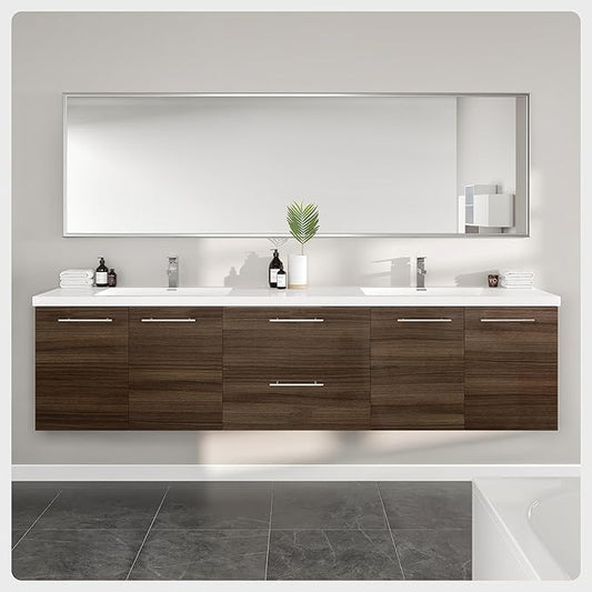 Eviva Lumina 84 in. Gray Oak Wall Mount Double Sink Bath Vanity with Acrylic Top and Integrated Sinks