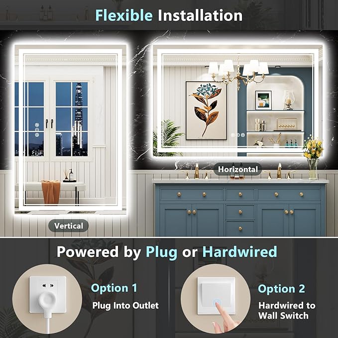 55x36 LED Bathroom Mirror with Lights, Backlit and Front Lit Anti-Fog Lighted Vanity Mirrors for Bathroom Wall, Dimmable, 3-Color Light, Memory, Shatter-Proof, HD Tempered Glass, CRI＞90