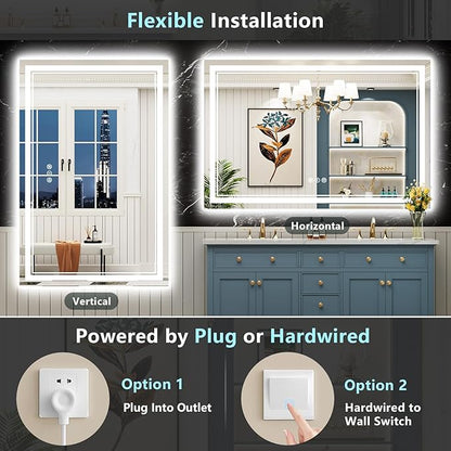 55x36 LED Bathroom Mirror with Lights, Backlit and Front Lit Anti-Fog Lighted Vanity Mirrors for Bathroom Wall, Dimmable, 3-Color Light, Memory, Shatter-Proof, HD Tempered Glass, CRI＞90