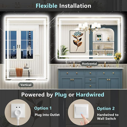 55x30 LED Bathroom Mirror, Backlit & Front Lit Lighted Mirror | Anti-Fog Vanity Mirror with Lights, 3 Color Dimmable, Memory, Shatterproof, Tempered Glass, CRI95, UL Listed, Wall Mounted