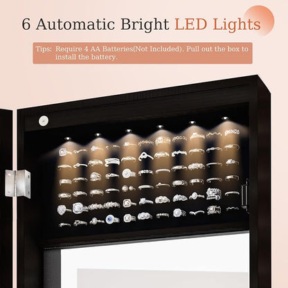 Unisakey Mirror Jewelry Cabinet,Lockable Wall or Door Mounted Jewelry Armoire Organizer With Built-up Mirror,LED Lights, Drawers,Cosmetic Trays,Shelves, 14.4"x3.15"x 43.1"（Black） | Door or Wall Mount Flexible,Drawers Cosmetic Trays Shelves Inside,Built...