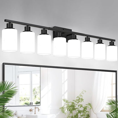 Indoi 8-Light Bathroom Light Fixtures, Matte Black Modern Vanity Lights with Milky White Shades, Bathroom Wall Lamp for Mirror Living Room Cabinet Bedroom Porch