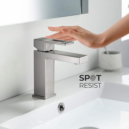 KBF1002 Solid Brass Single Handle Bathroom Sink Faucet | High Arc Cubic Spout Lavatory Faucet in Brushed Nickel | Corrosion-Resistant, Modern Design - Easy to Install