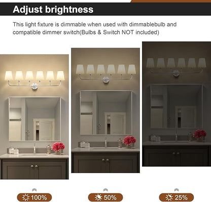 Bathroom Vanity Light, Brushed Nickel Bathroom Light Fixtures, 6-Light Lighting Fixtures Over Mirror, Modern Wall Sconce with Flared White Fabric Shade, E26 Socket(ETL Listed)