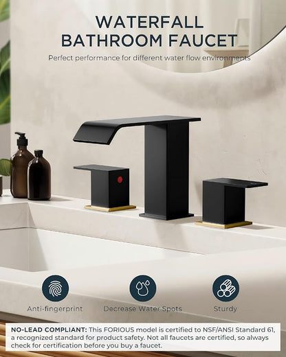 FORIOUS Bathroom Faucet 3 Hole,8 Inch Widespread Sink Faucet Black and Gold | 3-hole 4-12 Inch Widespread Sink, Square Waterfall Spout, with Drain and Hoses,for Vanity Rv Commercial Lavatory Restroom