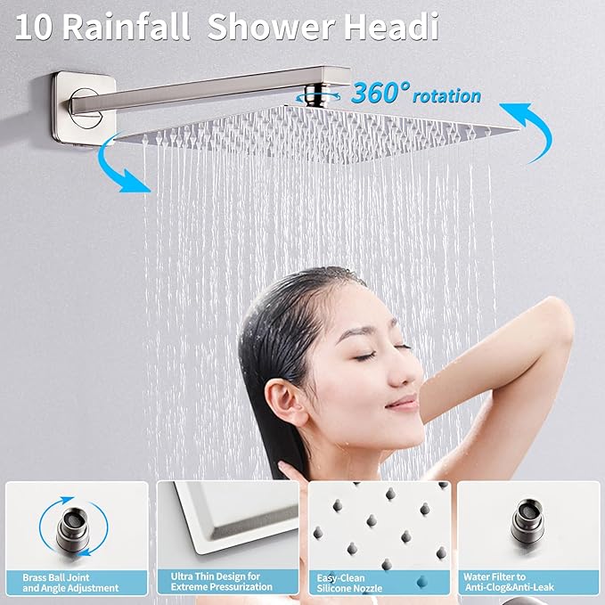 Brushed Nickel Shower Tub Faucet Set, Wall Mounted 12 Inch Shower Heads with Handheld Spray Combo and Tub Shower Faucet, Luxury Bathroom Square Rain Shower System - 4 Hooks