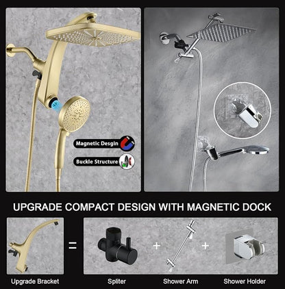 12" High Pressue Rain Shower Head with Handheld, 9 Sprays Hand Showerhead | Shower Heads with Handheld Spray Combo, Dual Head, Built-in Magnetic Docking, Power Jets, 59" Shower Hose, Gold 1.75GPM