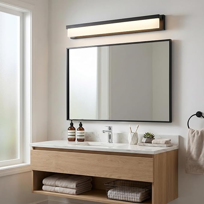URSOLA LED Bathroom Vanity Light Fixture Over Mirror 32.3 inch Modern Rectangle Black Matte Metal Lighting Bar 4000K Daylight Wall Sconce (Black)