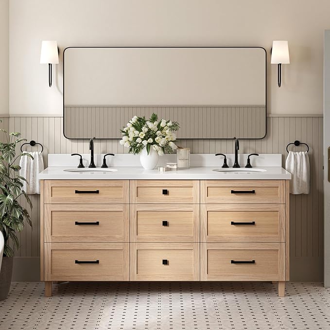 ARIEL Monroe 72-inch Bathroom Vanity with Sink,Solid Wood, 1.5-inch Pure White Quartz Countertop & Backsplash, Double Rectangular Porcelain Sink, 9 Dovetail Drawers, Matte Black, White Oak