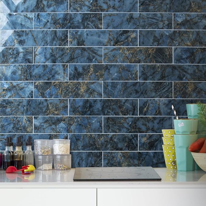 AULIGET 40-Piece Polished Blue Marble Peel and Stick Backsplash Wall Tiles, 3" x 12" PVC Faux Stone Stick on Tiles for Backsplash Kitchen, Bathroom, Laundry Room, Camper, Fireplace