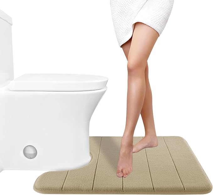 Yimobra Memory Foam Toilet Bath Mat U-Shaped, Soft and Comfortable, Super Water Absorption, Non-Slip, Thick, Machine Wash and Easier to Dry for Bathroom Commode Contour Rug, 24 X 20, Pale Khaki