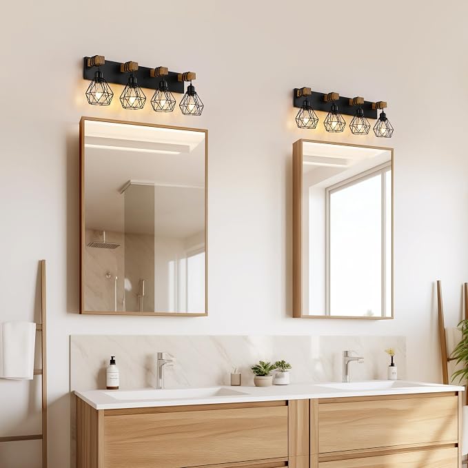 VbiTmn Bathroom Light Fixtures, 4 Light Black Farmhouse Wood Vanity Lights | Rustic Design, Diamond Metal Shades, Easy to Install, Wall Sconces for Bathroom, Bedroom, Makeup Area, Over Vanity Mirror